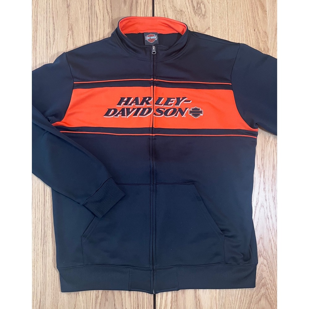 Harley Davidson Store Branded Track Jacket Large Black Orange Biker Y2K Zip Up